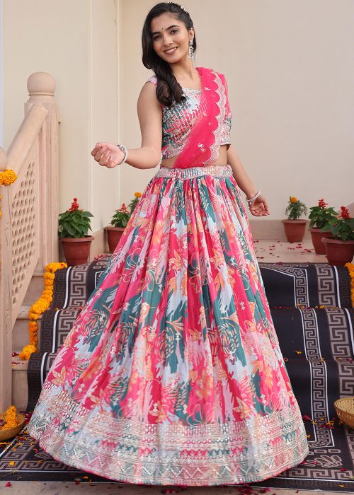 Multicolor Chiffon Lehenga Choli With Net Dupatta