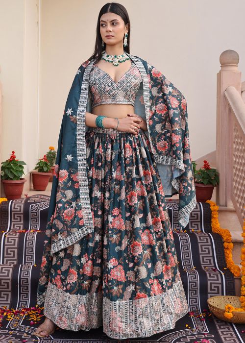 Teal Blue Floral Chiffon Lehenga Choli With Thread Work