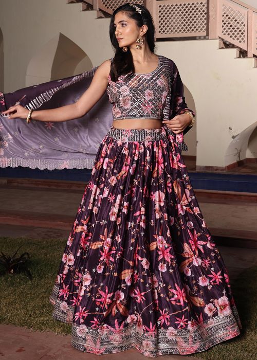 Purple Floral Chiffon Lehenga Choli With Embroidery