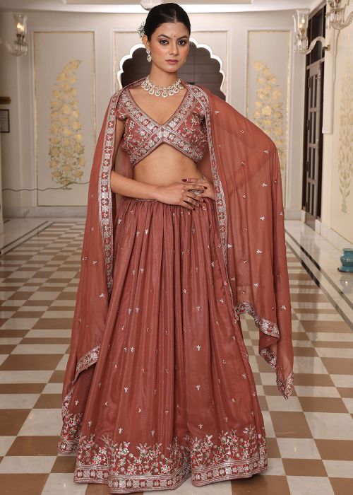 Brown Georgette Lehenga Choli With Thread Work