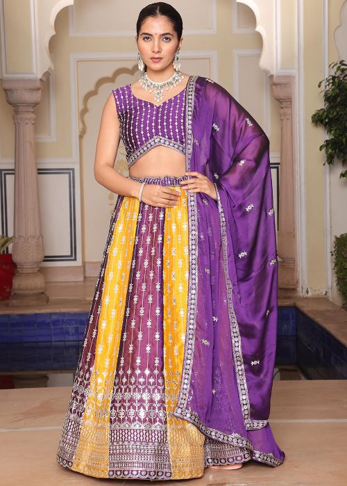 Yellow & Purple Art Silk Lehenga Choli With Thread Detailing