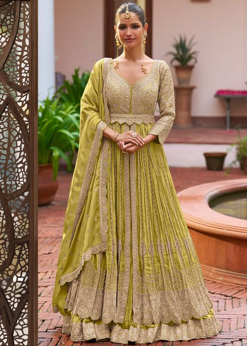 Green Chiffon Kurti Style Lehenga With Zari Sequins