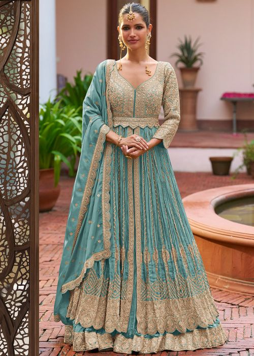 Blue Chiffon Kurti Lehenga With Zari Accents