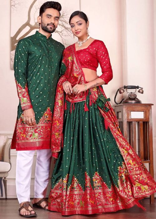 Green & Red Art Silk Patola Print Couple Set