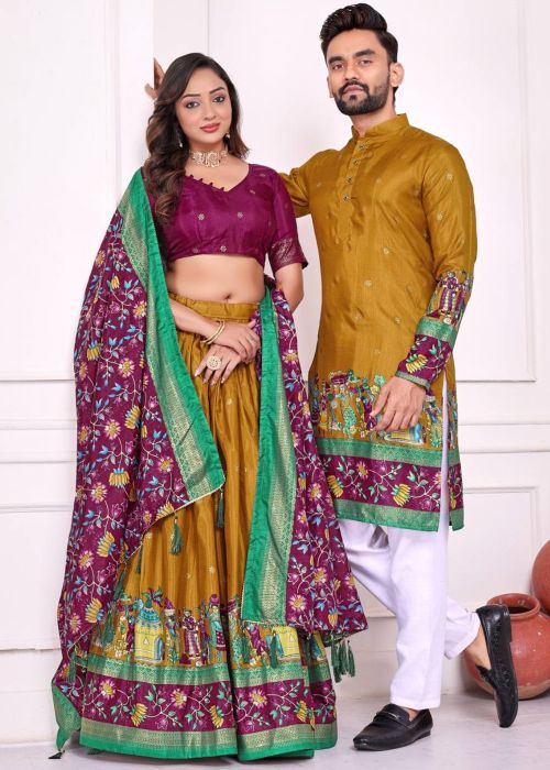 Yellow & Maroon Art Silk Foil Print Couple Set