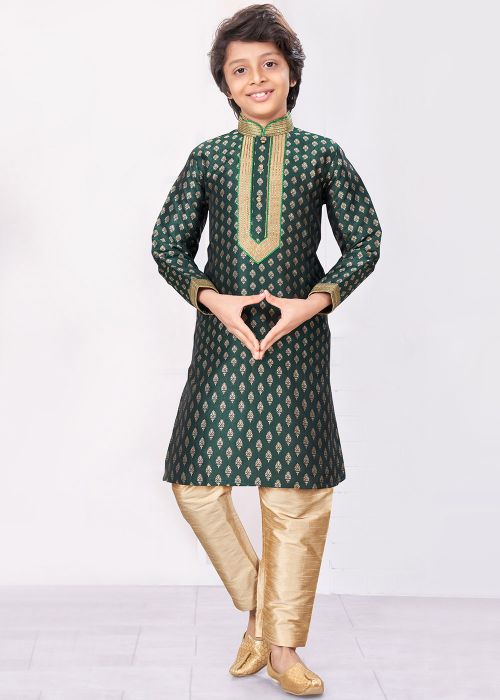 Green Readymade Woven Kids Jacquard Kurta Pajama