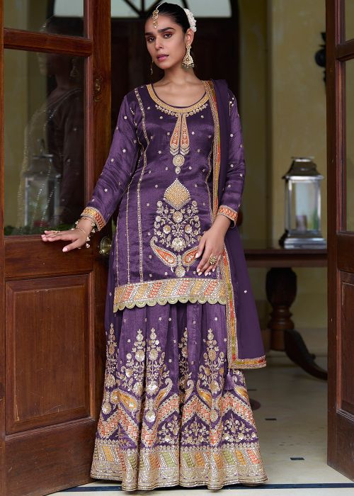 Purple Shimmer Kurti Lehenga With Dori Work