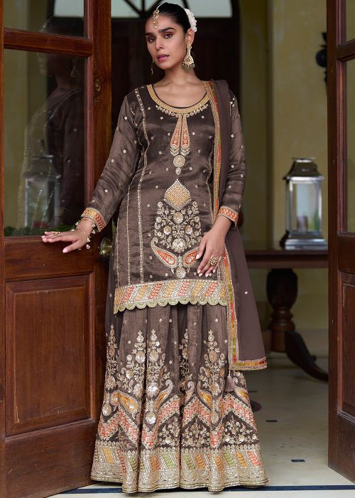 Brown Shimmer Kurti Lehenga With Sequins Detailing