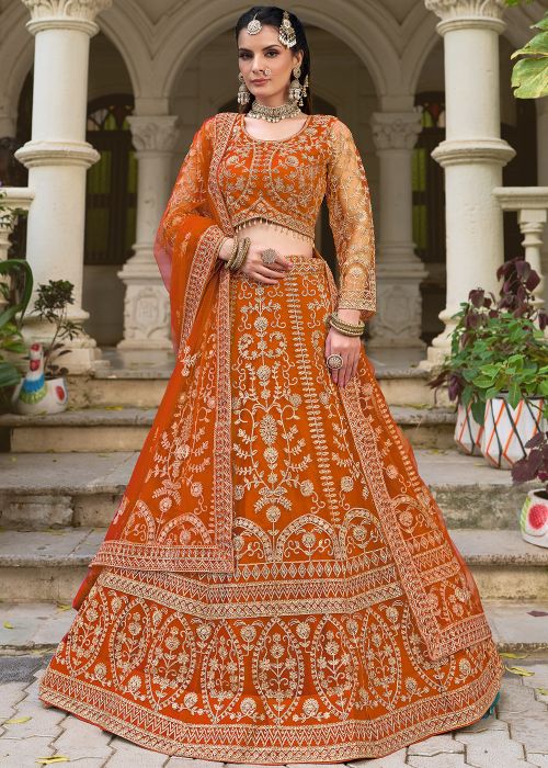 Orange Net Lehenga Choli With Dori Embroidery
