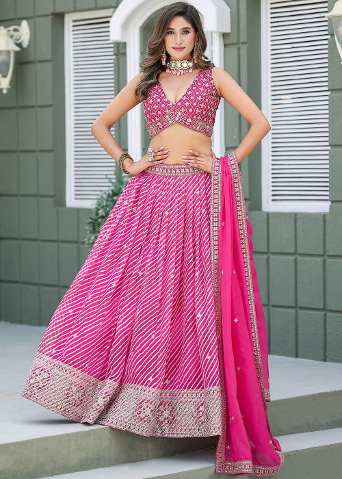 Pink Art Silk Lehenga Choli With Leheria Print