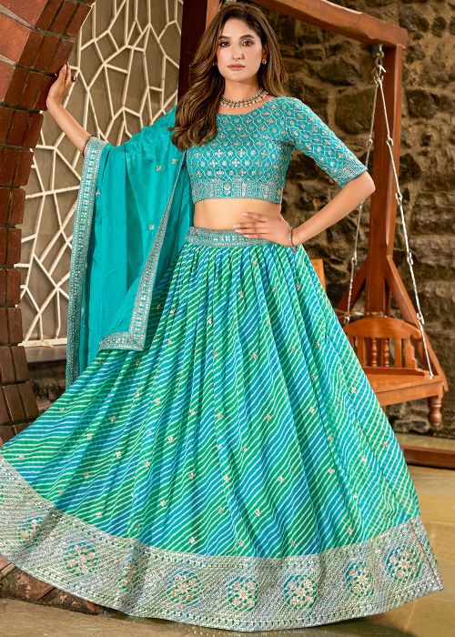 Blue Art Silk Lehenga Choli With Leheria Detailing