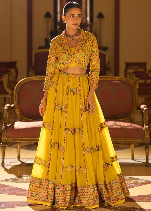 Yellow Georgette Lehenga Choli With Dori Embroidery