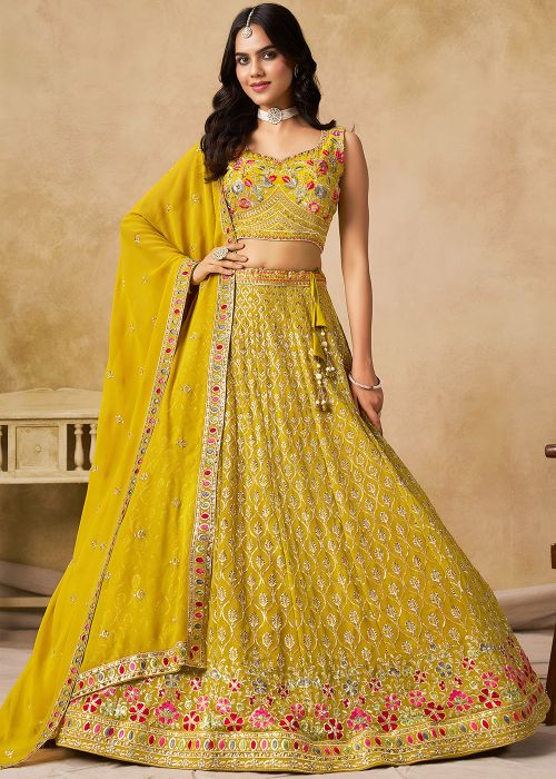 Yellow Georgette Lehenga Choli With Embroidery
