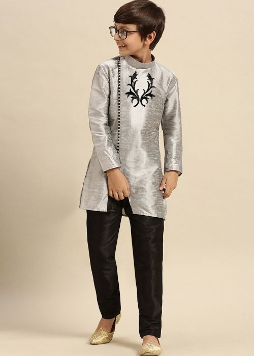 Grey Kids Readymade Embroidered Kurta With Pajama