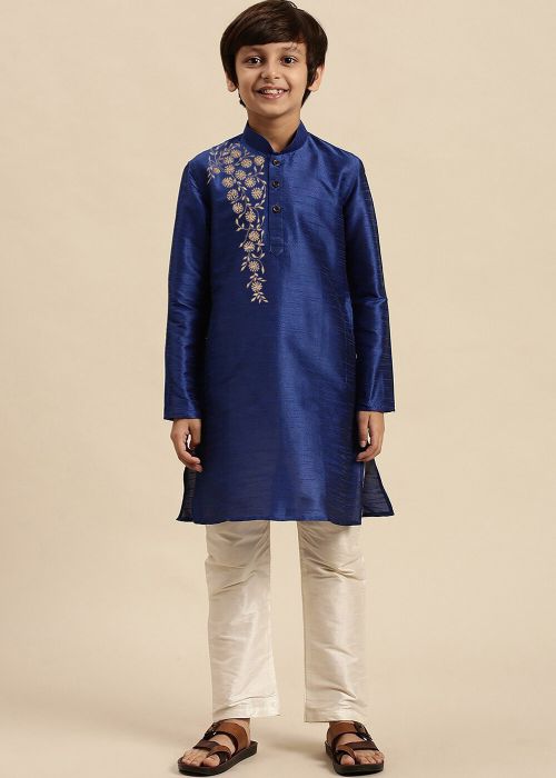 Readymade Royal Blue Embroidered Kids Kurta Pajama