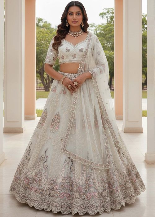 White Net Lehenga Choli With Thread Work