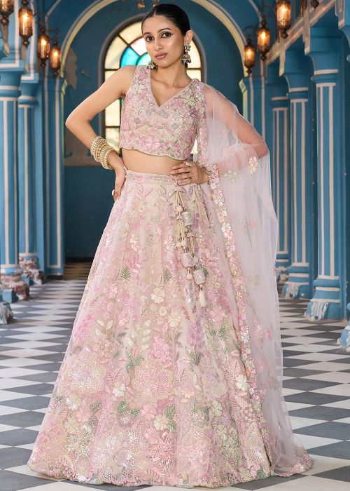 Cream Net Lehenga Choli With Pastel Floral Work