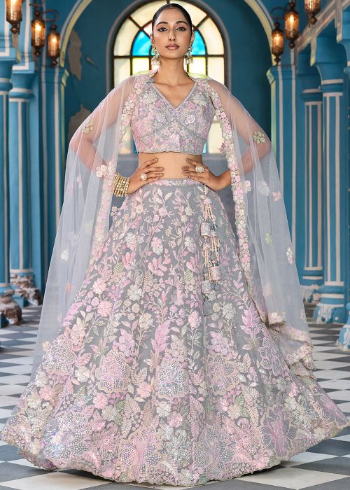 Grey Net Lehenga Choli With Multicolor Embroidery