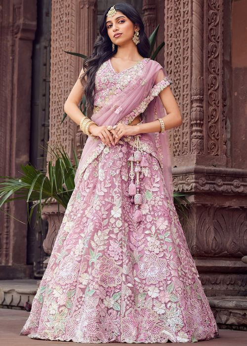 Pink Net Lehenga Choli With Dense Floral Jaal