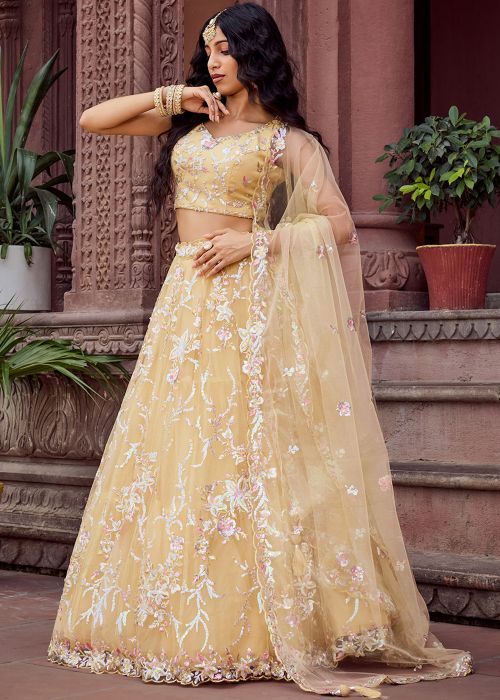 Yellow Net Lehenga Choli With Thread Florals