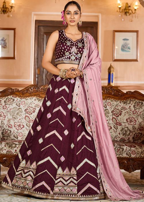 Wine Silk Lehenga Choli With Geometric Detailing