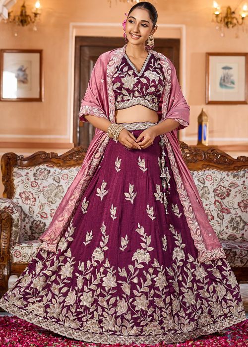 Magenta Silk Lehenga Choli With Floral Embroidery