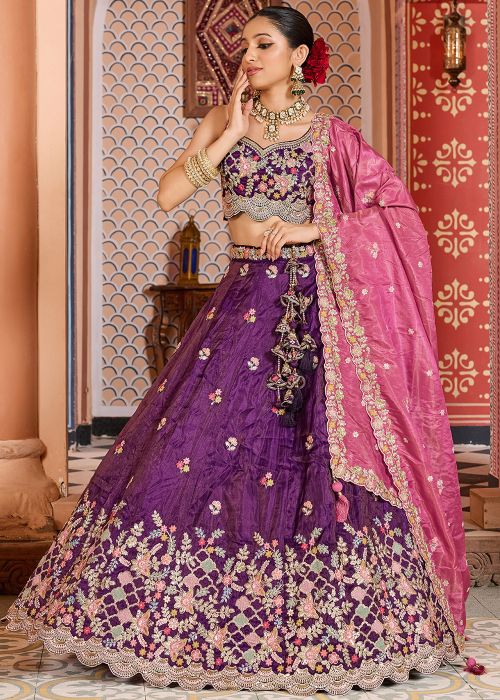Purple Tissue Lehenga Choli With Floral Embroidery