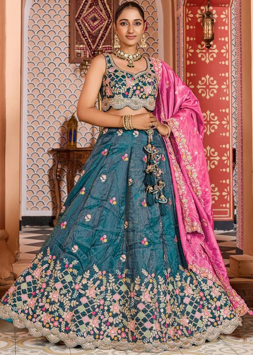 Teal Blue Tissue Lehenga Choli With Heavy Embroidery