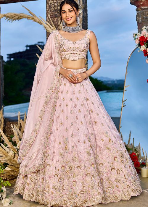 Blush Pink Tissue Lehenga Choli With Embellished Border