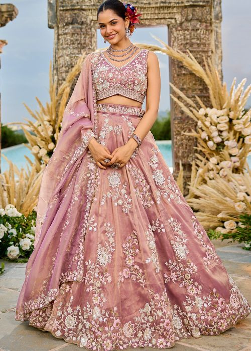 Dusty Pink Tissue Lehenga Choli With Floral Work