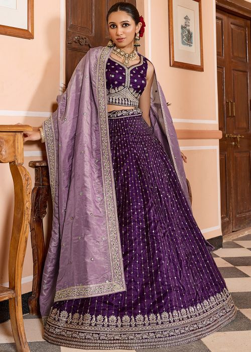 Purple Tissue Lehenga Choli With Traditional Border