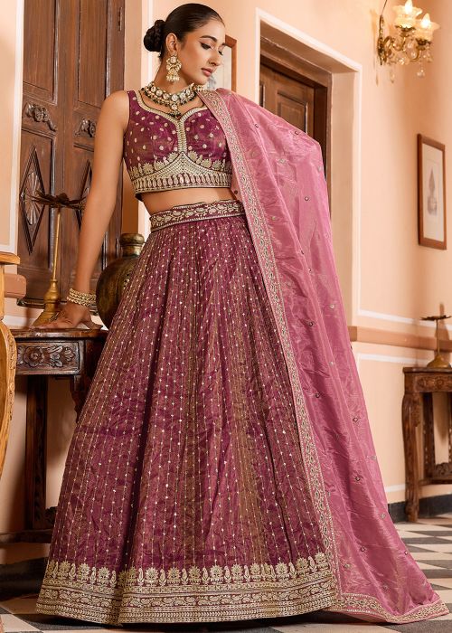 Rose Gold Pink Tissue Lehenga Choli With Zari Embroidery
