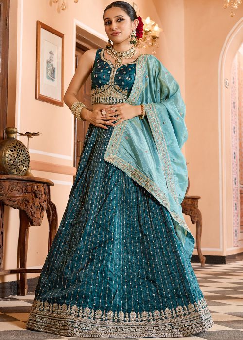 Teal Blue Tissue Lehenga Choli With Contrasting Dupatta