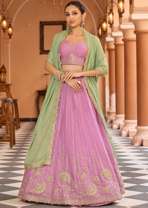 Pink Tissue Lehenga Choli With Green Dupatta Detailing