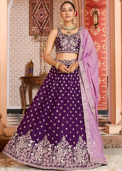 Purple Tissue Lehenga Choli With Pink Dupatta