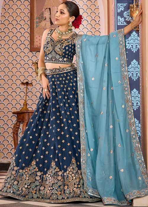 Navy Blue Tissue Lehenga Choli With Embroidered Motifs