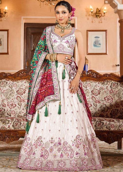 Cream Lehenga Choli With Green Tissue Dupatta