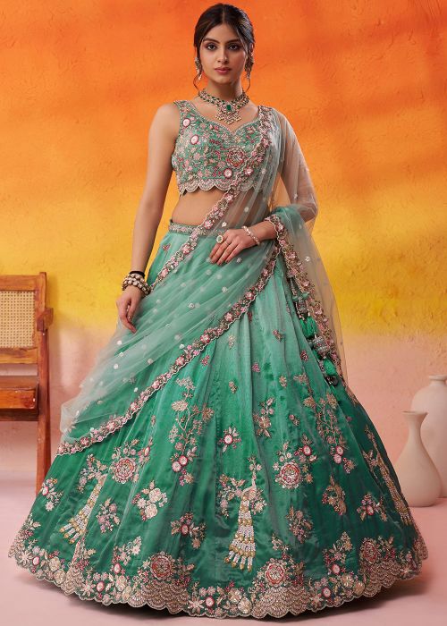 Green Tissue Lehenga Choli With Floral Embroidery