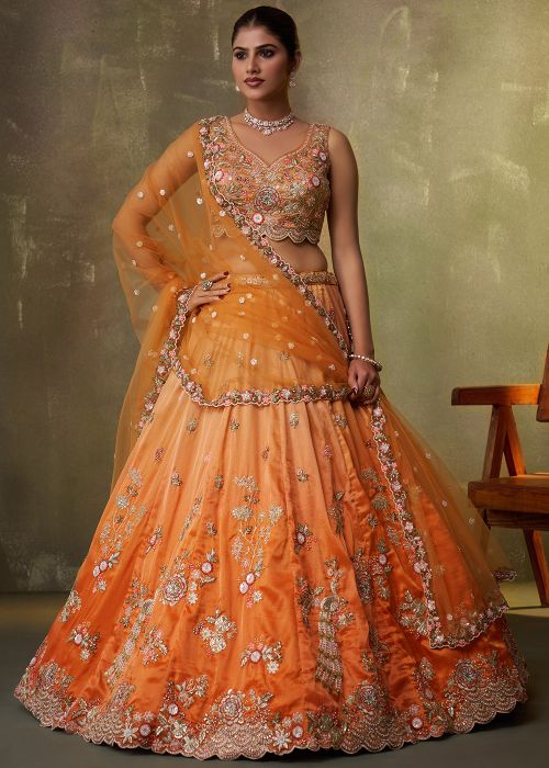 Orange Tissue Lehenga Choli With Thread Detailing