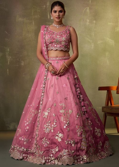 Pink Tissue Lehenga Choli With Embroidery