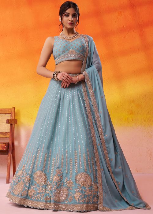 Blue Tissue Lehenga Choli With Shimmer Detailing