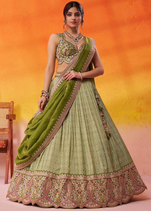 Pastel Green Tissue Lehenga Choli With Contrast Dupatta
