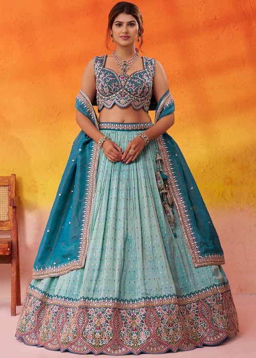 Turquoise Tissue Lehenga Choli With Thread Embroidery