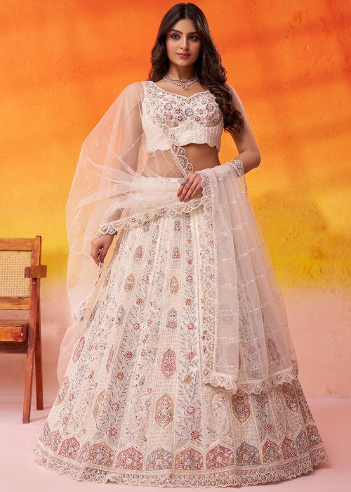 Cream Net Lehenga Choli With Delicate Pastel Motifs