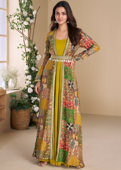 Yellow Embroidered Jacket Style Gown