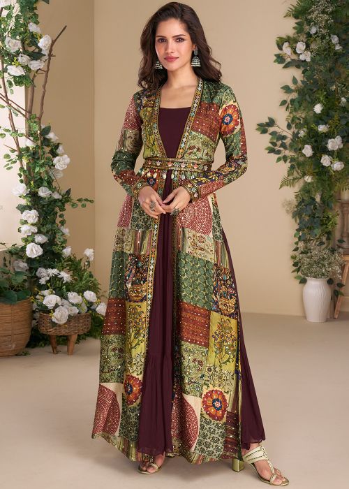 Maroon Embroidered Gown With Jacket