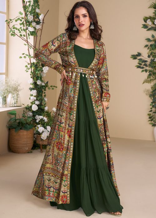 Green Embroidered Georgette Gown With Jacket