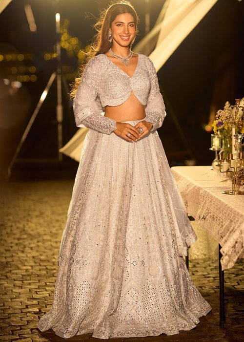 White Net Lehenga Choli With Mirror Handwork