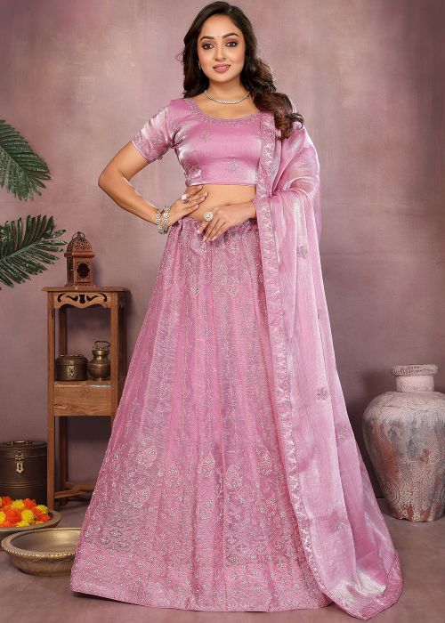 Pink Art Silk Lehenga Choli With Stone Embroidery