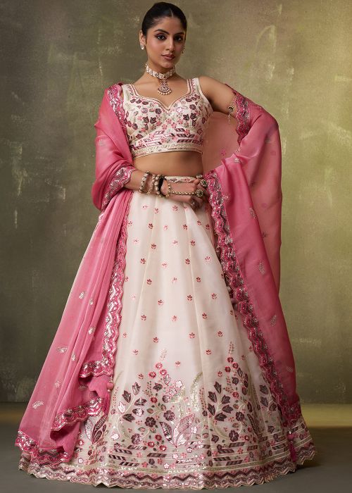 Cream Organza Lehenga Choli With Floral Detailing
